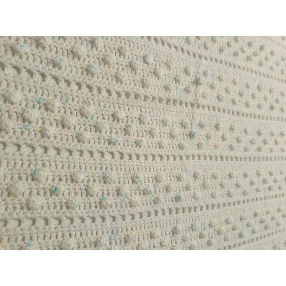 Vintage Handmade white blue pink crochet throw blanket textured bobble fringe